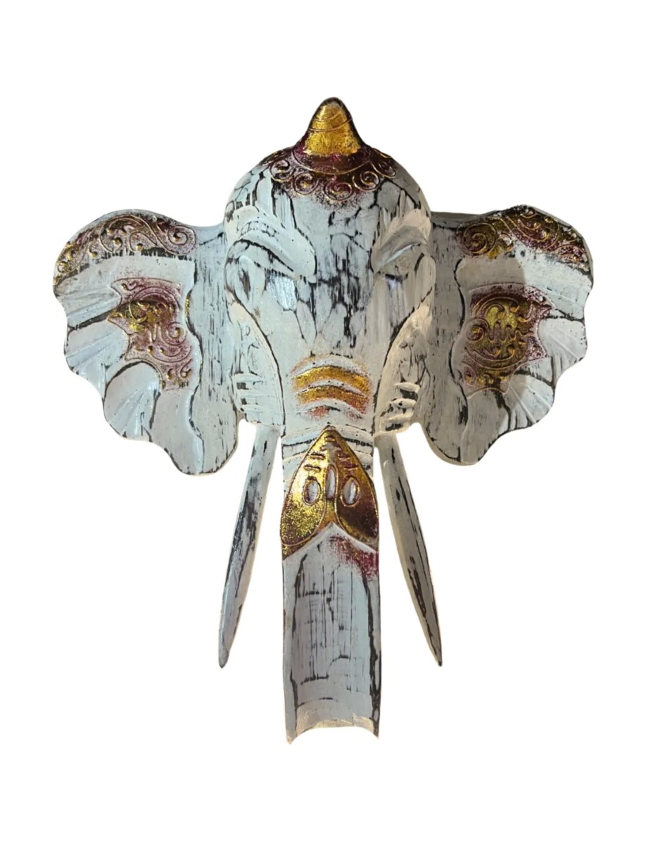 Balinees Olifanten Hoofd - Wit - 25cm - Muurdecoratie