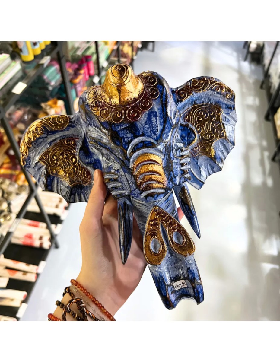 Balinees Olifanten Hoofd - Blauw - 25cm - Muurdecoratie - Afbeelding 2
