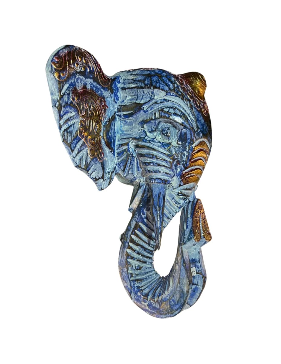 Balinees Olifanten Hoofd - Blauw - 25cm - Muurdecoratie - Afbeelding 3