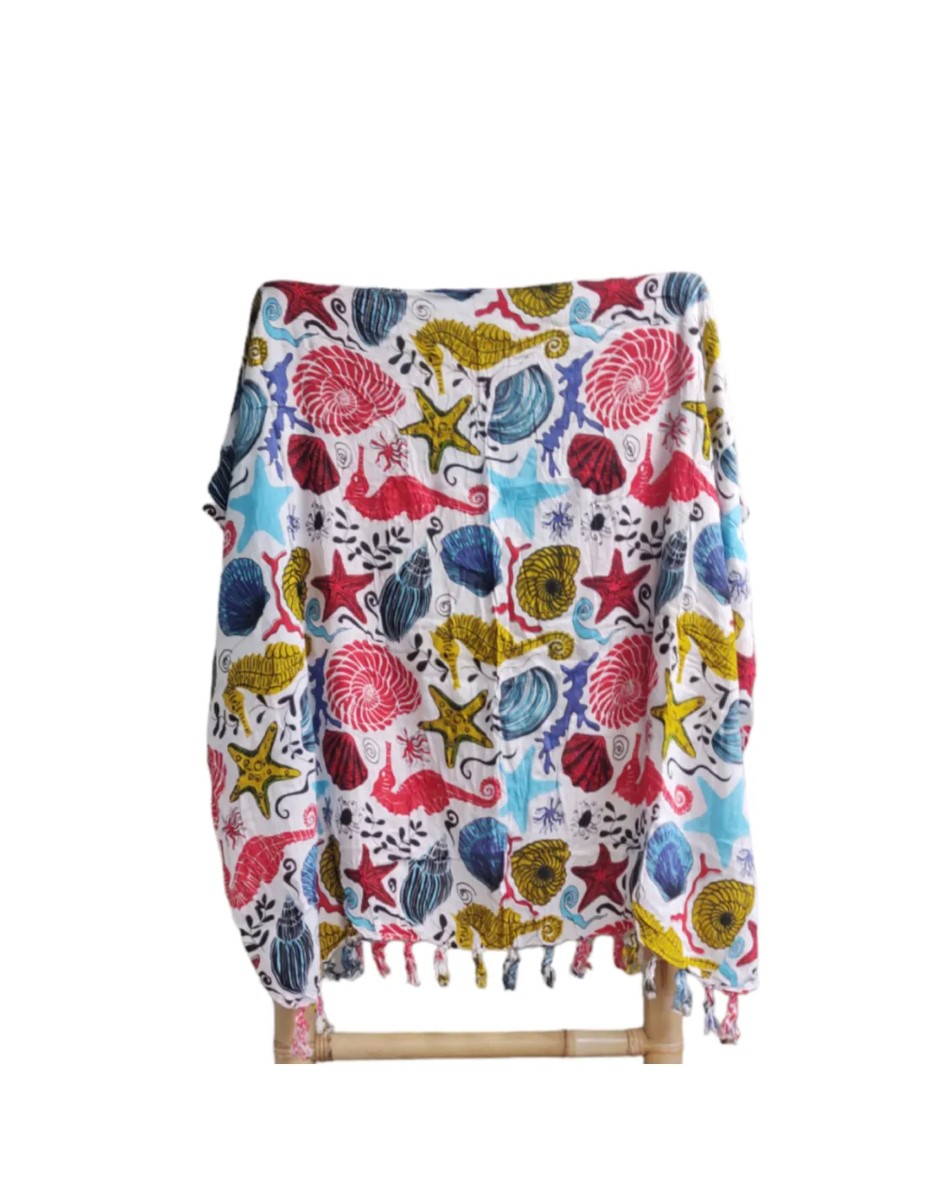 Om Namaste Sarong - 633 - Schelpen - Bont op Wit - Afbeelding 2